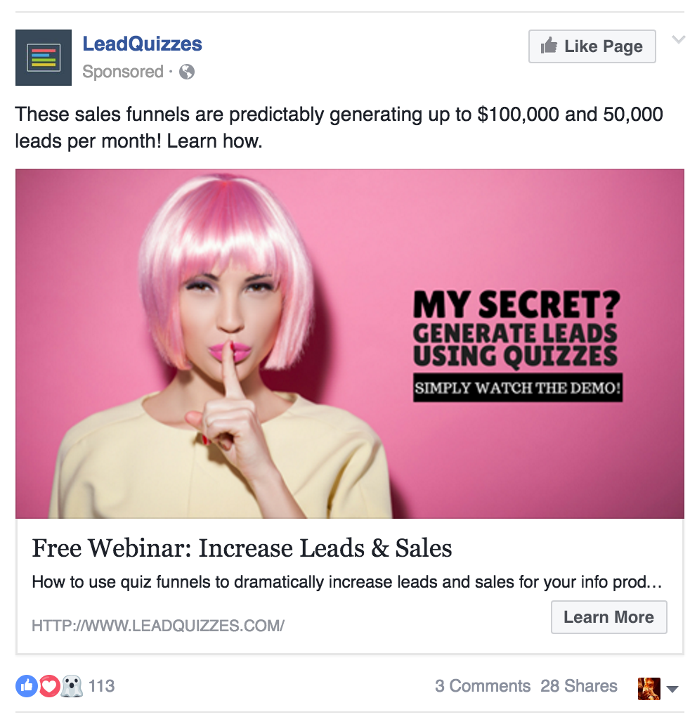 Кейсы рекламы в Facebook – пример LeadQuizzes