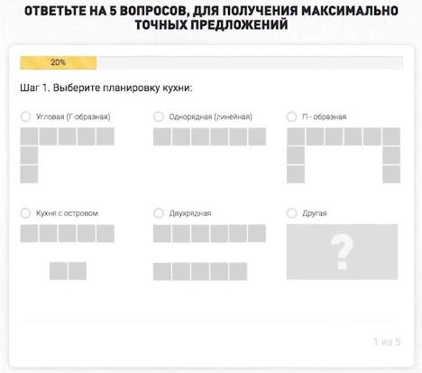 Квиз-лендинги – пример вопроса из теста, кейс «Кухни на заказ в Минске»