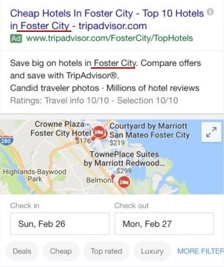 Гиперлокальный таргетинг – пример в Google, отели в Фостер-Сити