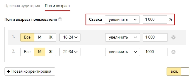 Баннер на поиске Яндекса — назначение одного условия для всех корректировок