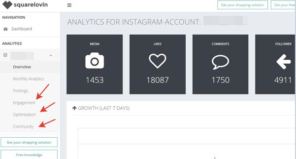 Аналитика Instagram аккаунтов — Squarelovin, статистика в левом меню