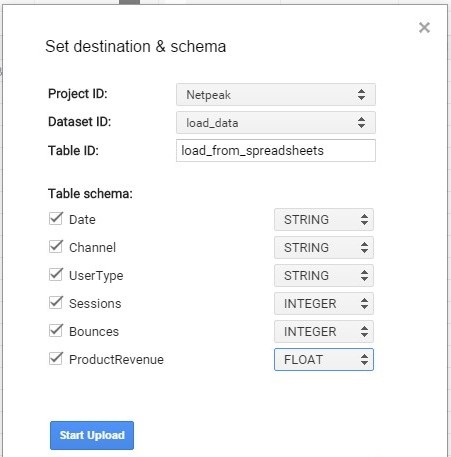 Google BigQuery – окно «Set destination & schema»