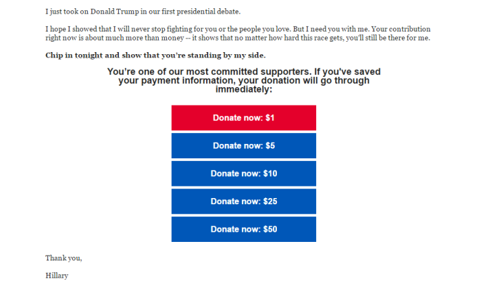 Страница для сбора пожертвований в пользу Хиллари Клинтон