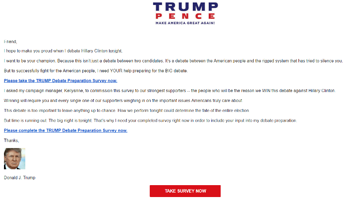 Опрос сторонников Дональда Трампа в email-рассылке