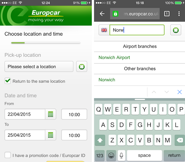 Пример мобильного сайта от Europcar
