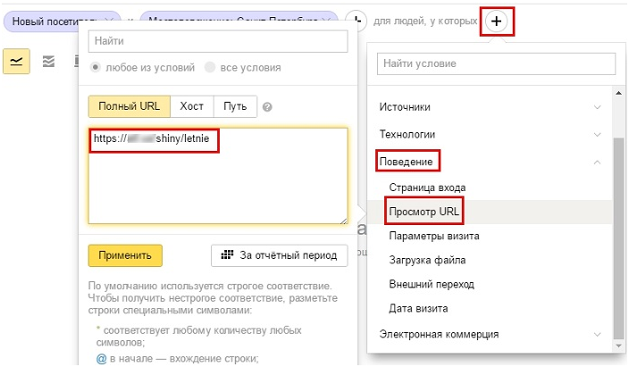 Сегменты Яндекс.Метрики – условие «Просмотр URL»